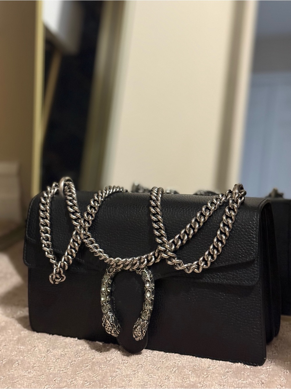 GUCCI MEDIUM DIONYSUS- Black Leather Chain Shoulder Bag with Silver Hardware - Picture 7 of 9